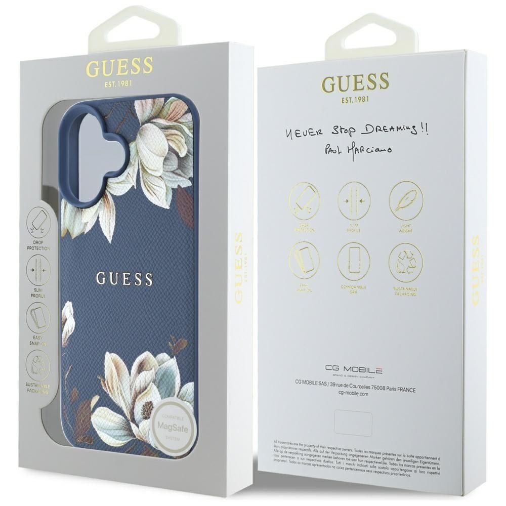 Etui Guess Grained Printed Flower Pattern MagSafe do iPhone 16 niebieski